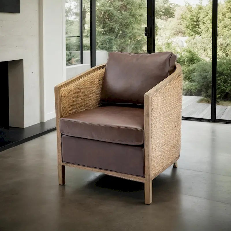 Swivel Barrel Chair with Rattan Design, Leather Accent Sofa Chair, Club Chair with Pillow, Leisure Arm Chair for Living Room