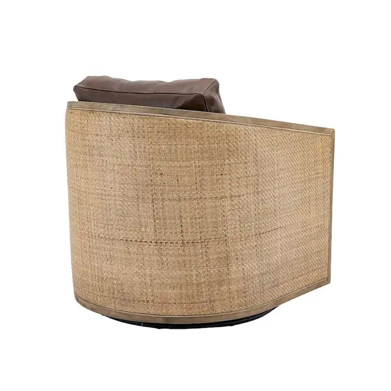 Swivel Barrel Chair with Rattan Design, Leather Accent Sofa Chair, Club Chair with Pillow, Leisure Arm Chair for Living Room