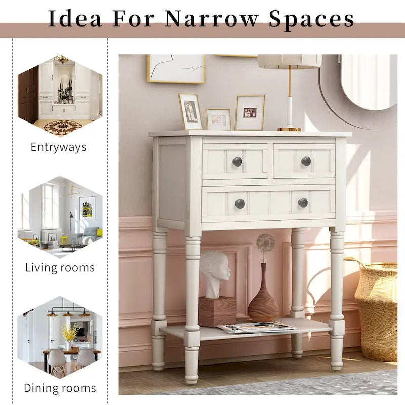 Narrow Console Table Slim Sofa Table with 3 Drawers and Bottom Shelf