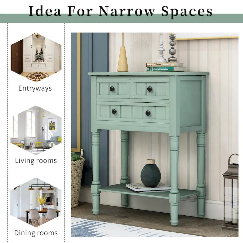 Narrow Console Table Slim Sofa Table with 3 Drawers and Bottom Shelf