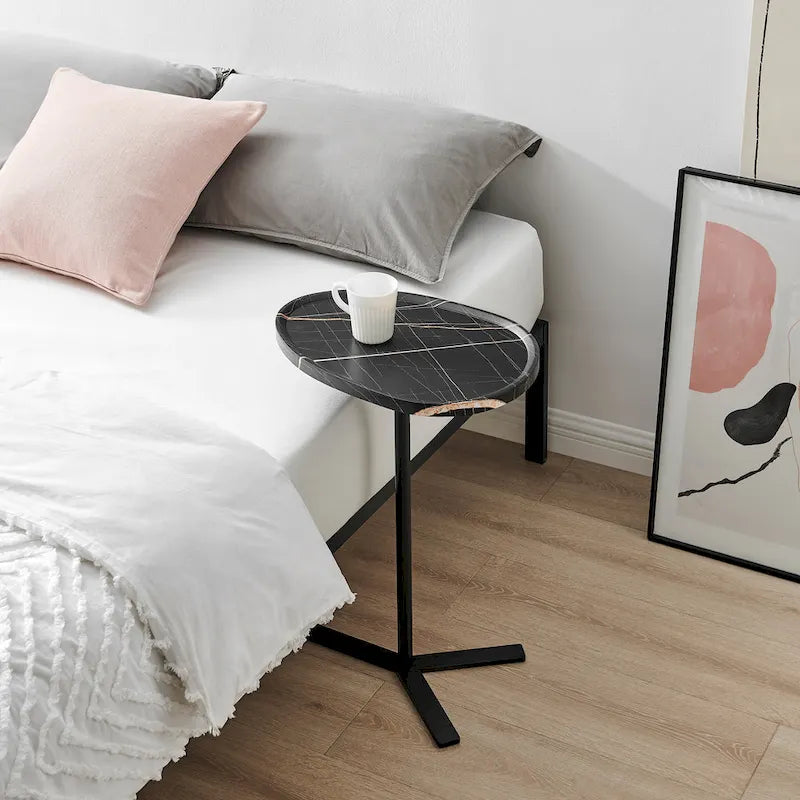 Carter Oval Teardrop Modern Raised Lip Edge Couch-Side Accent C-Table with Crossed Y-Shape Metal Pedestal Leg
