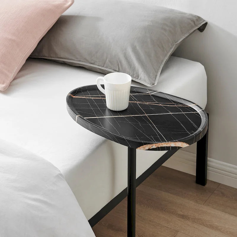 Carter Oval Teardrop Modern Raised Lip Edge Couch-Side Accent C-Table with Crossed Y-Shape Metal Pedestal Leg