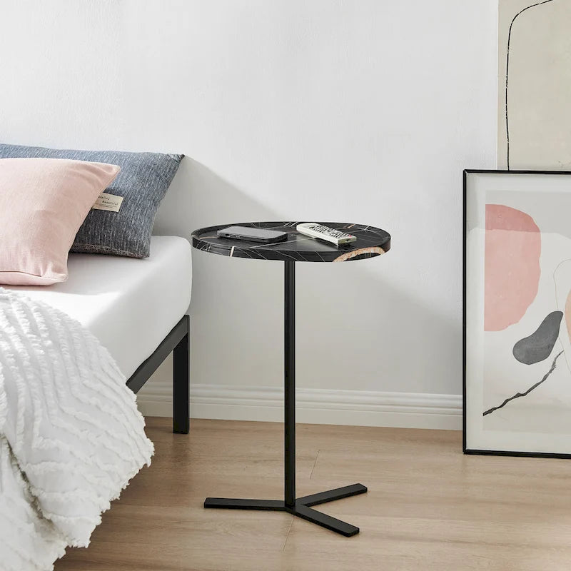 Carter Oval Teardrop Modern Raised Lip Edge Couch-Side Accent C-Table with Crossed Y-Shape Metal Pedestal Leg