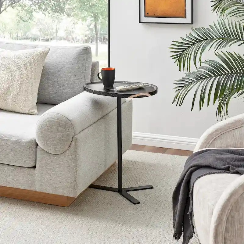 Carter Oval Teardrop Modern Raised Lip Edge Couch-Side Accent C-Table with Crossed Y-Shape Metal Pedestal Leg