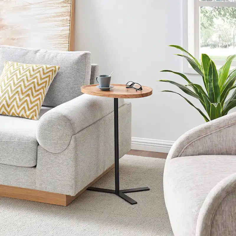 Carter Oval Teardrop Modern Raised Lip Edge Couch-Side Accent C-Table with Crossed Y-Shape Metal Pedestal Leg