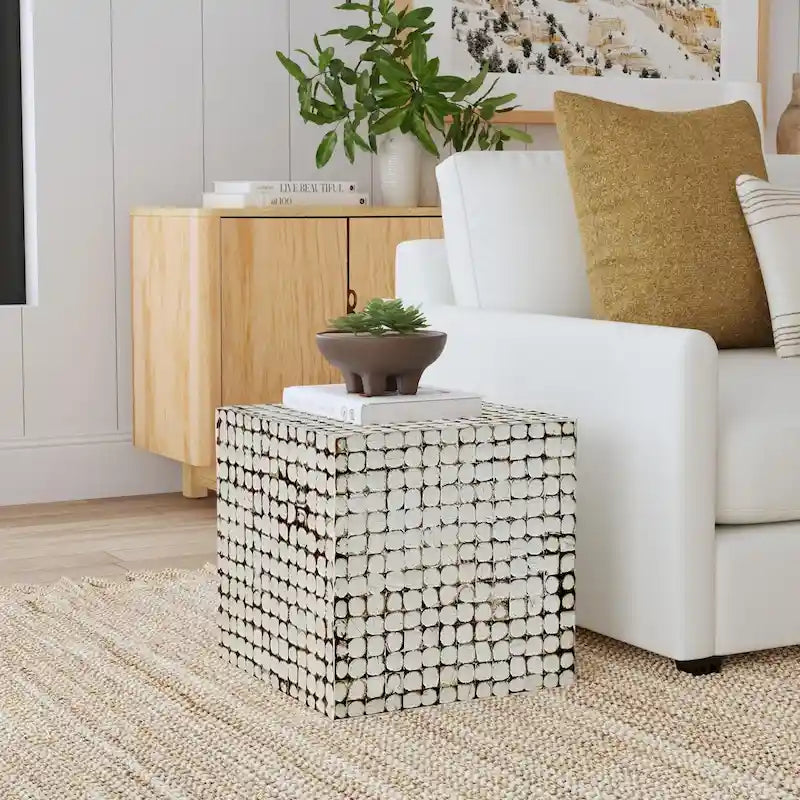 Juliette Distressed Natural Coconut Cube Accent Table by East at Main