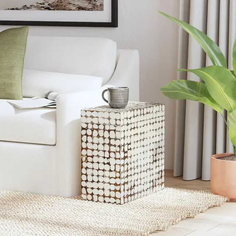 Juliette Distressed Natural Coconut Cube Accent Table by East at Main