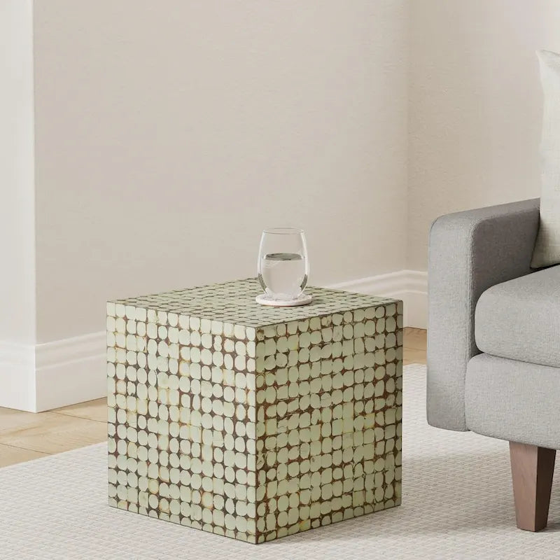 Juliette Distressed Natural Coconut Cube Accent Table by East at Main