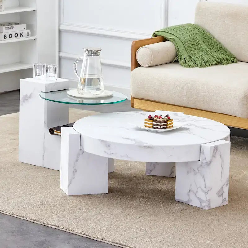 Marble textured MDF coffee table with a side table. Match with multiple scenes Suitable for living room and bedroom