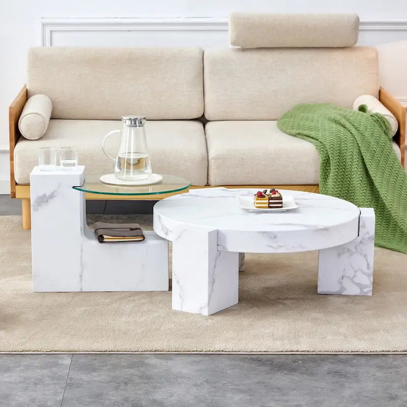 Marble textured MDF coffee table with a side table. Match with multiple scenes Suitable for living room and bedroom