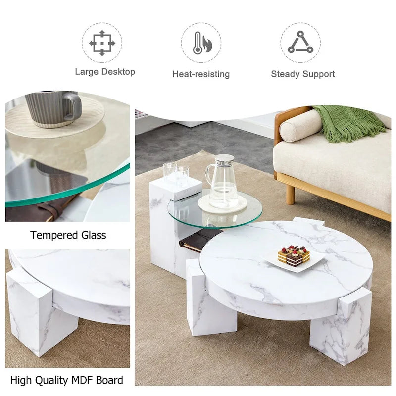 Marble textured MDF coffee table with a side table. Match with multiple scenes Suitable for living room and bedroom