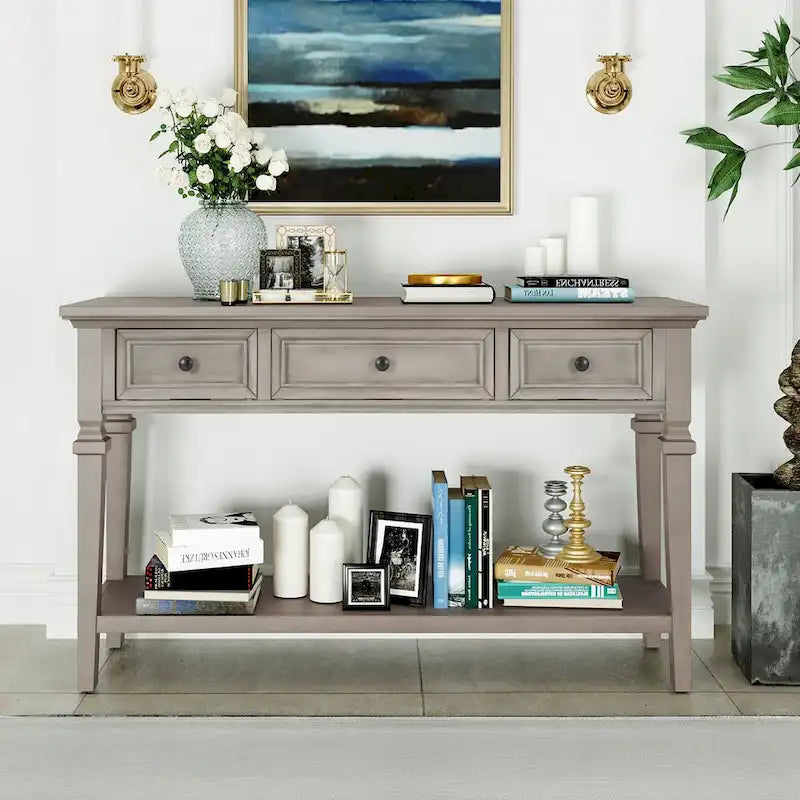 50 Farmhouse 50 Inch Classic Retro Console Three Top Drawers and Open Style Bottom Shelf, Sofa Table with Solid Wooden Frame