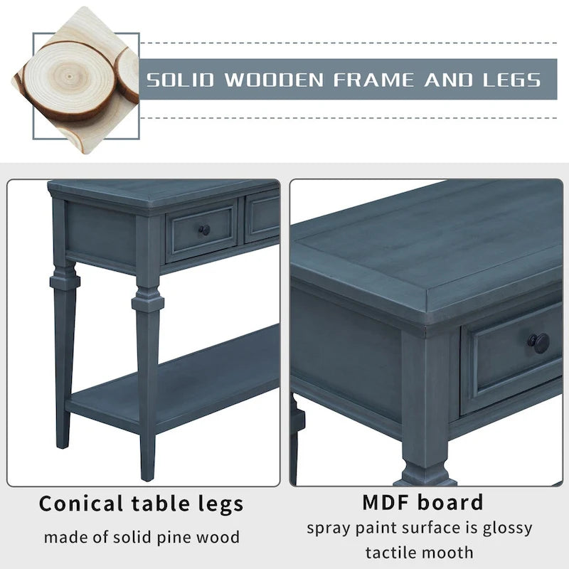 50 Farmhouse 50 Inch Classic Retro Console Three Top Drawers and Open Style Bottom Shelf, Sofa Table with Solid Wooden Frame