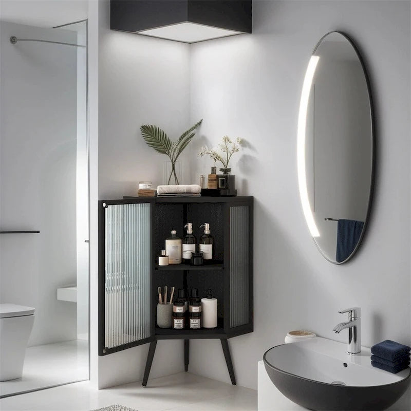 22.25 Floor Coner Cabinet with Tempered Glass Door & Storage Shelves