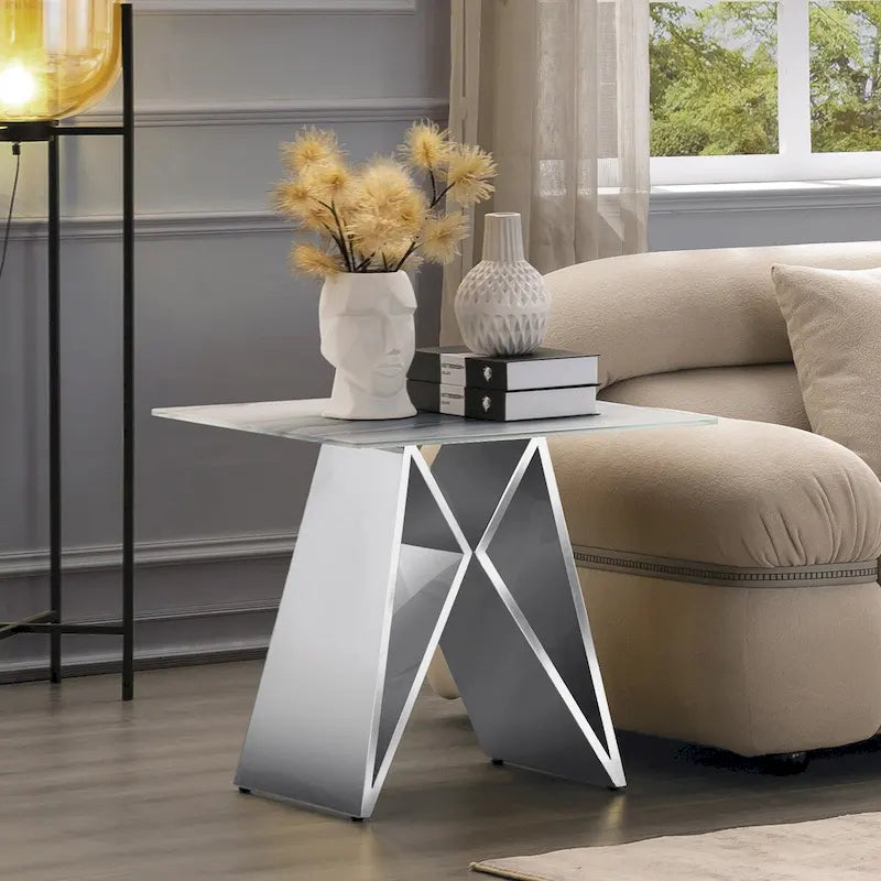 24 inch White Tempered Glass End Table with Mirrored M-Shaped Base