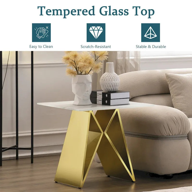 24 inch White Tempered Glass End Table with Mirrored M-Shaped Base