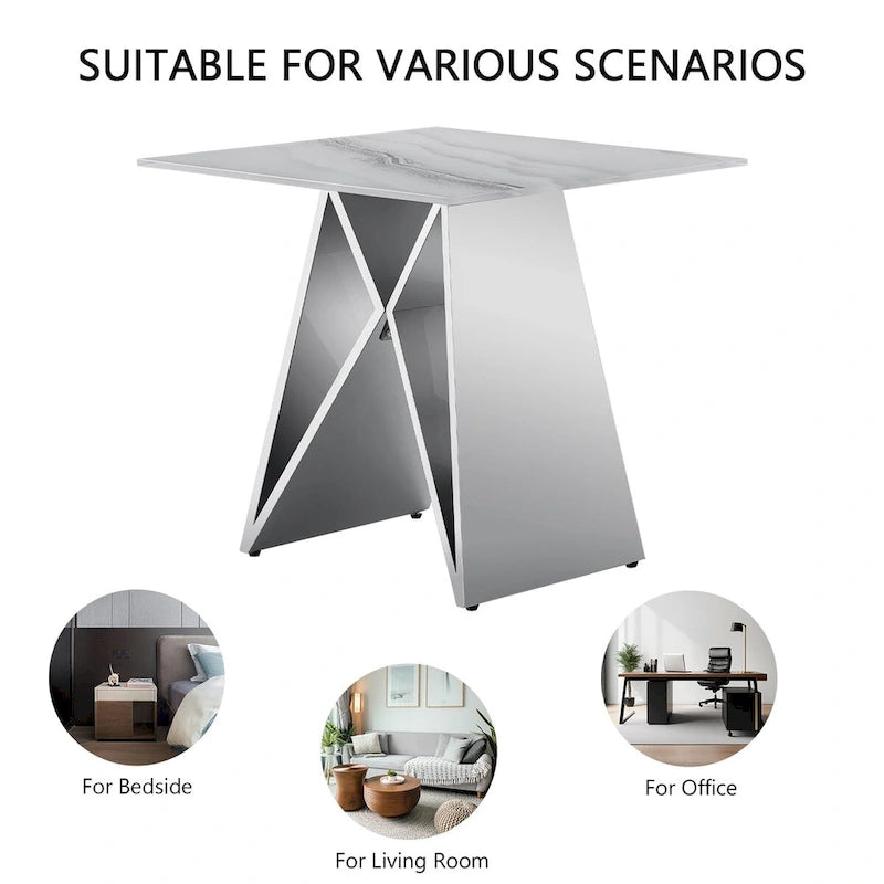 24 inch White Tempered Glass End Table with Mirrored M-Shaped Base