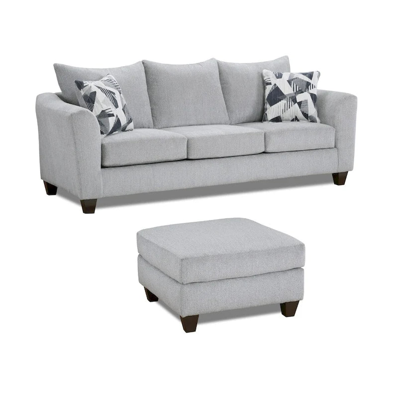 Roundhill Furniture Duleek 2-Piece Living Room Set, Sofa and Cocktail Ottoman, Herringbone Silver