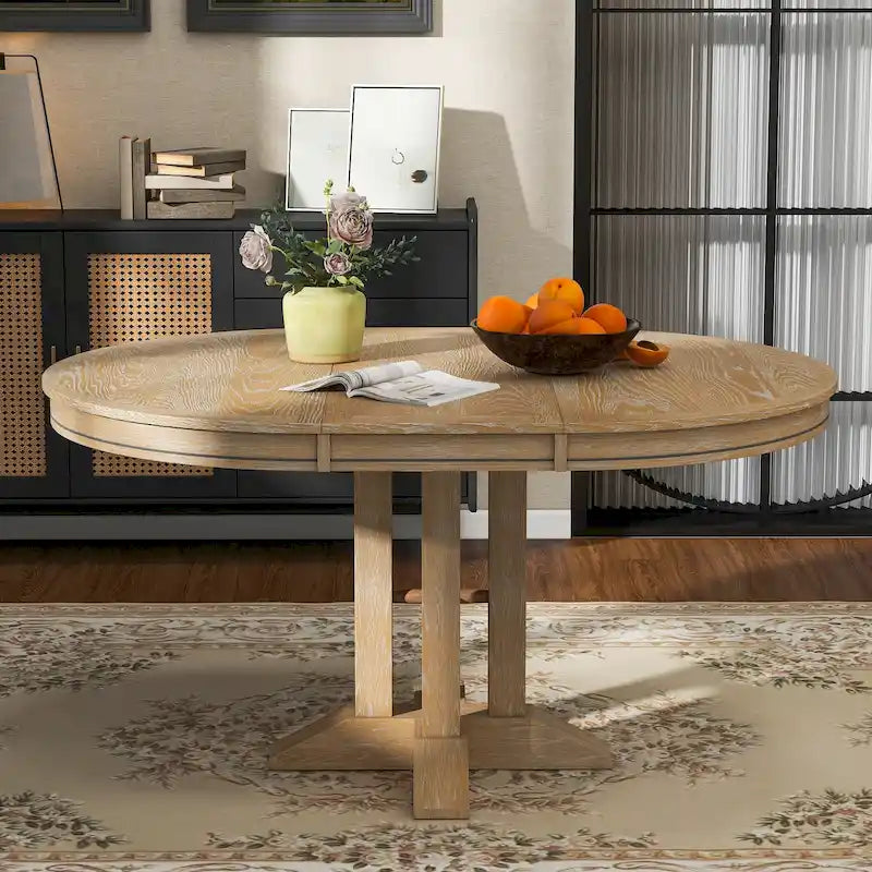 Extendable Round Dining Table - Oak Finish - Seats 4-6
