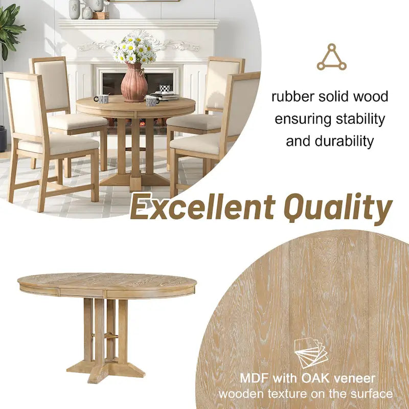 Extendable Round Dining Table - Oak Finish - Seats 4-6