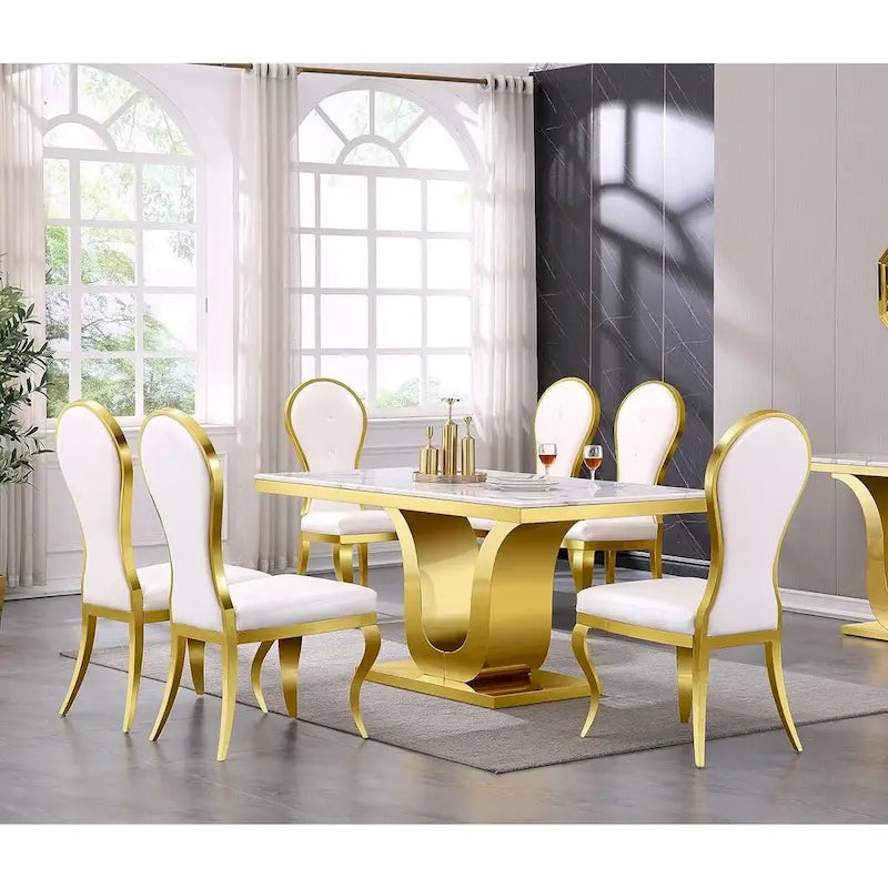 Modern Luxurious White Leather Dining Chairs with Polished Gold Stainless Steel Legs