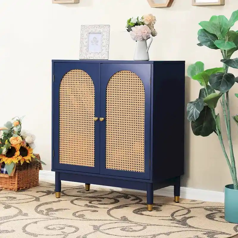 Blue Storage Cabinet with Rattan Doors and Adjustable Shelves