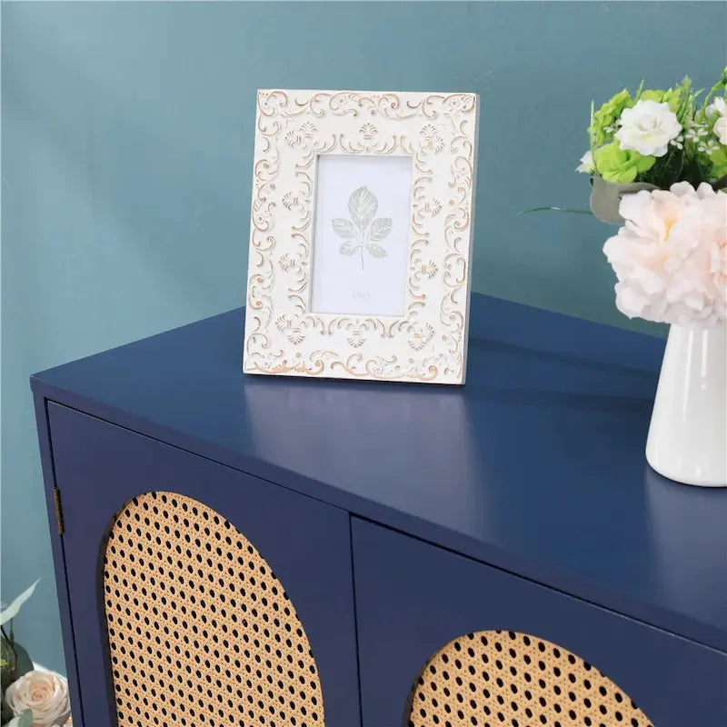 Blue Storage Cabinet with Rattan Doors and Adjustable Shelves