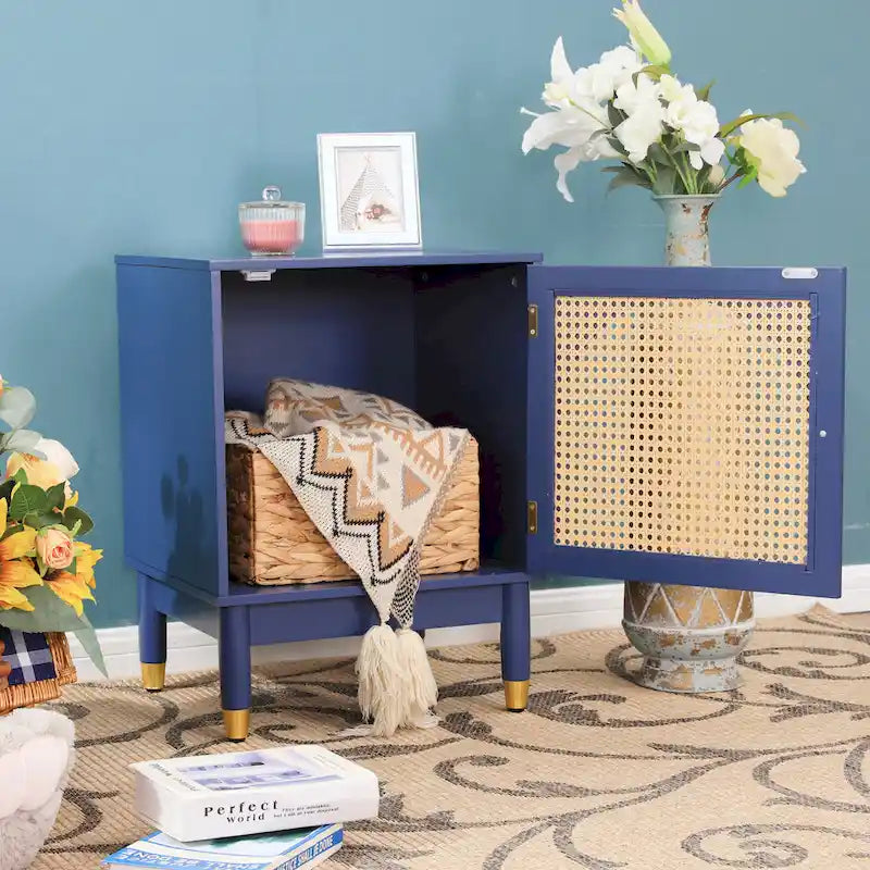 Blue Storage Cabinet with Rattan Doors and Adjustable Shelves