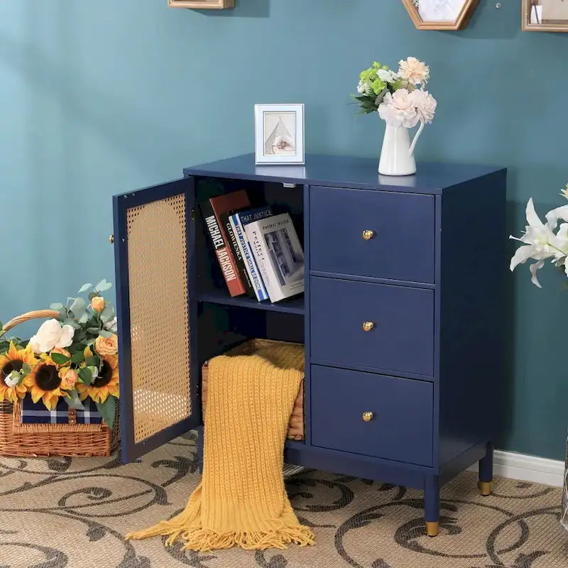 Blue Storage Cabinet with Rattan Doors and Adjustable Shelves