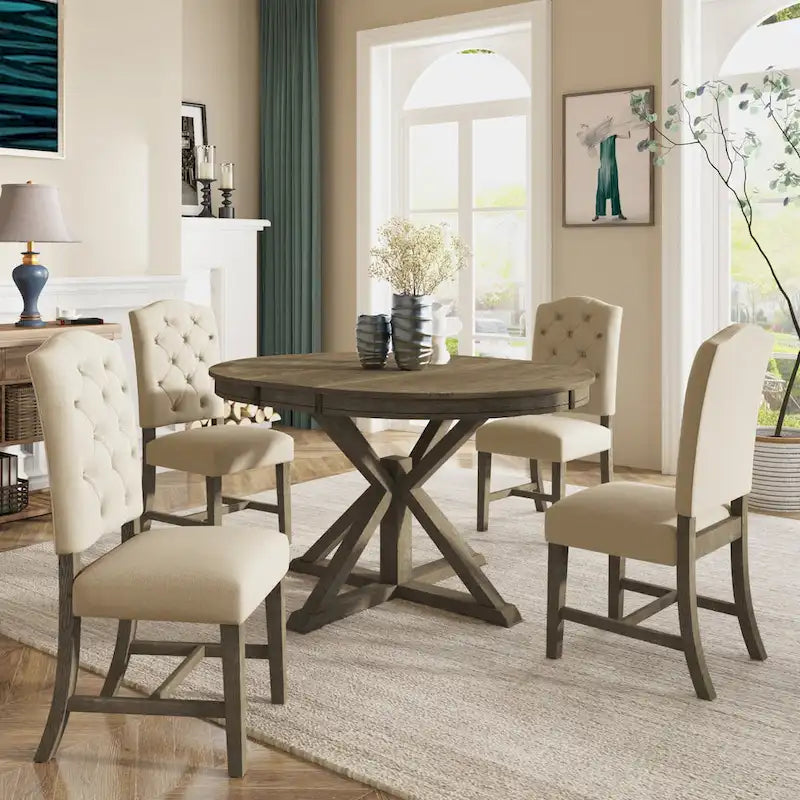 Dining Table Set with Extendable Table and 4 Upholstered Chairs