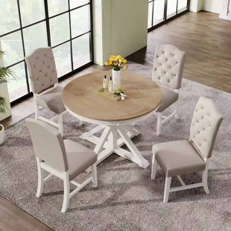 Dining Table Set with Extendable Table and 4 Upholstered Chairs