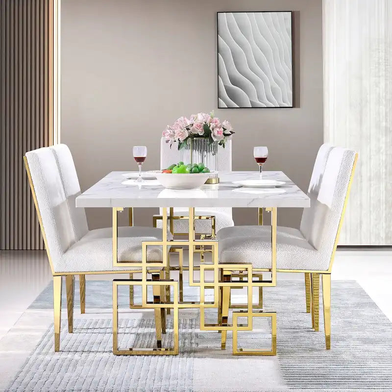 78 inch Faux Marble Dining Table with Geometric Metal Base