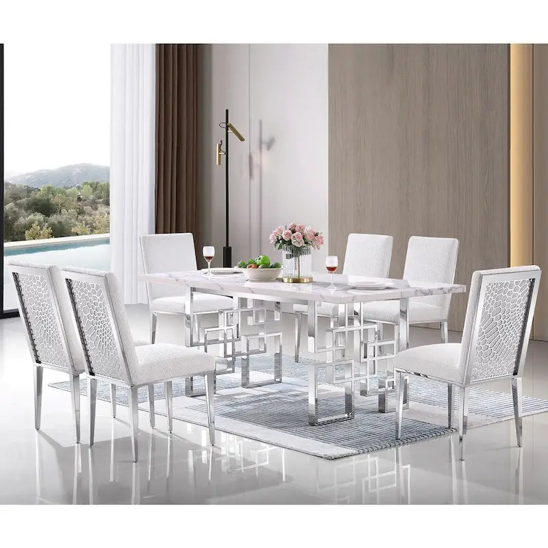 78 inch Faux Marble Dining Table with Geometric Metal Base