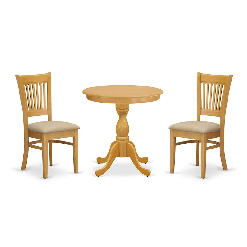 East West Furniture 3 Piece Dining Table Set Contains a Round Dining Room Table and 2 Kitchen Chairs, Oak (Seat Options)