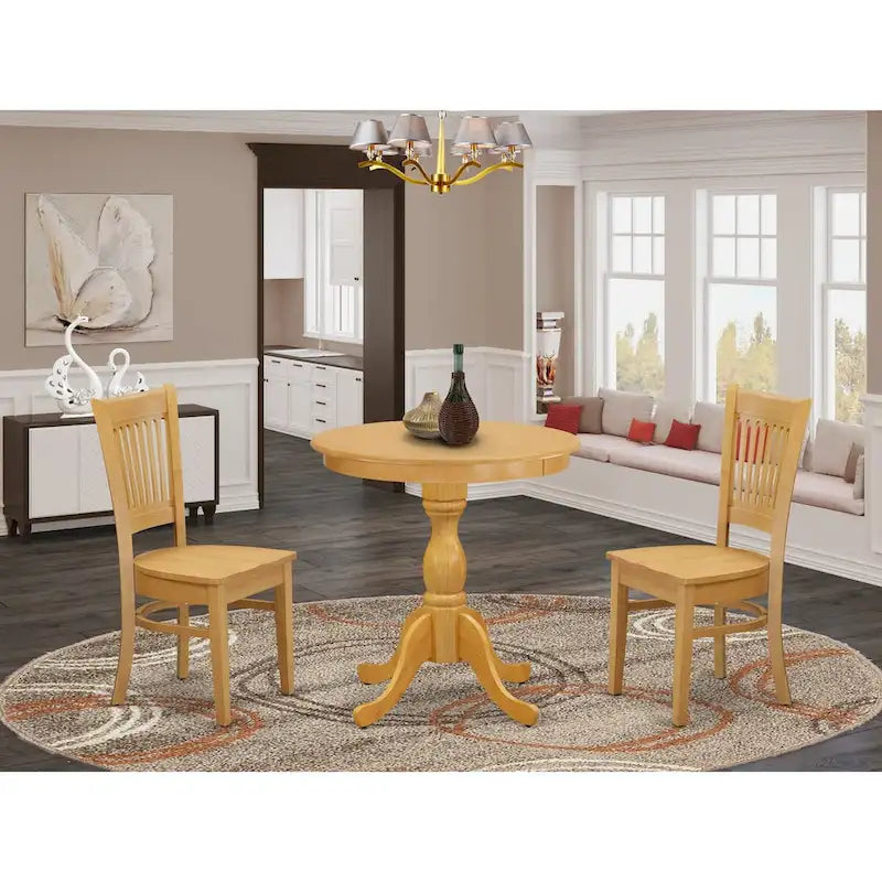 East West Furniture 3 Piece Dining Table Set Contains a Round Dining Room Table and 2 Kitchen Chairs, Oak (Seat Options)