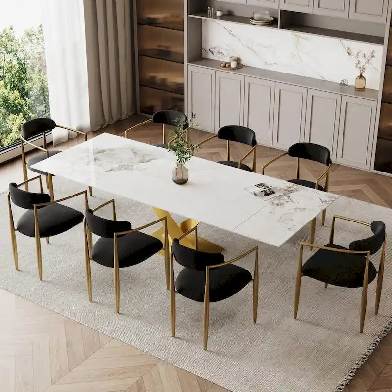 9 - Piece 94.48 Modern Minimalist Extendable Sintered Stone Top Dining Set with 8 Fabric Chair