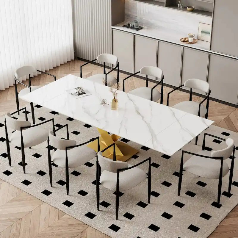 9 - Piece 94.48 Modern Minimalist Extendable Sintered Stone Top Dining Set with 8 Fabric Chair
