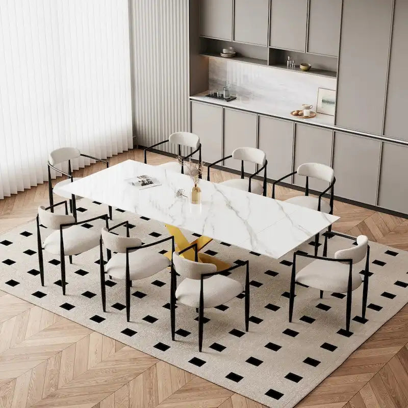 9 - Piece 94.48 Modern Minimalist Extendable Sintered Stone Top Dining Set with 8 Fabric Chair