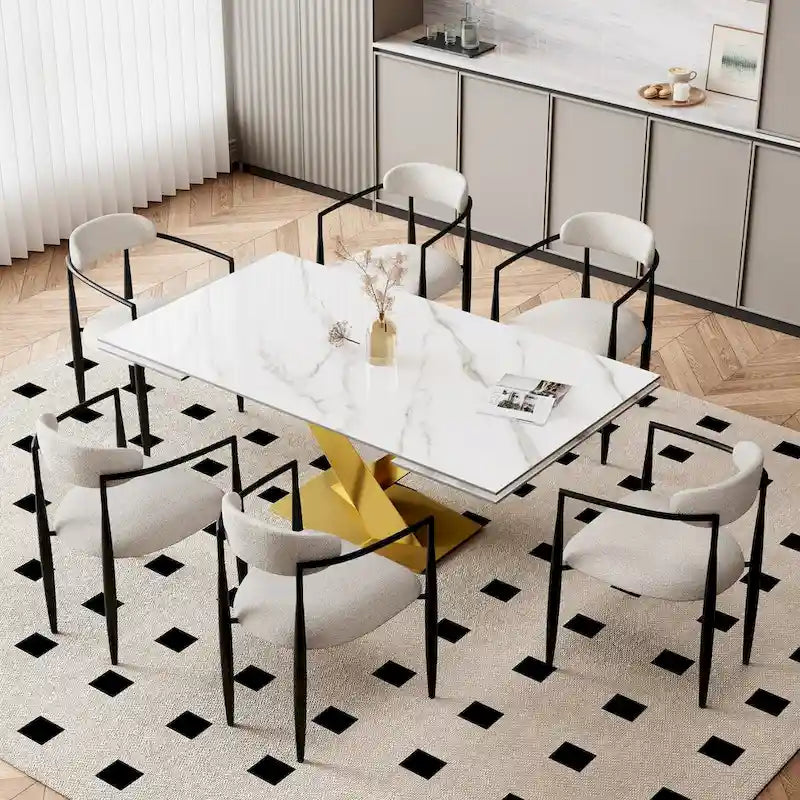 9 - Piece 94.48 Modern Minimalist Extendable Sintered Stone Top Dining Set with 8 Fabric Chair