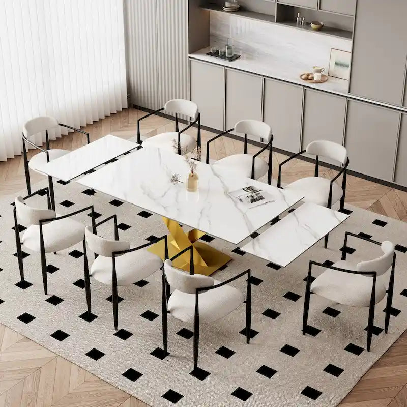 9 - Piece 94.48 Modern Minimalist Extendable Sintered Stone Top Dining Set with 8 Fabric Chair