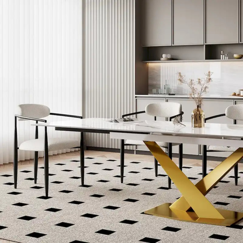 9 - Piece 94.48 Modern Minimalist Extendable Sintered Stone Top Dining Set with 8 Fabric Chair