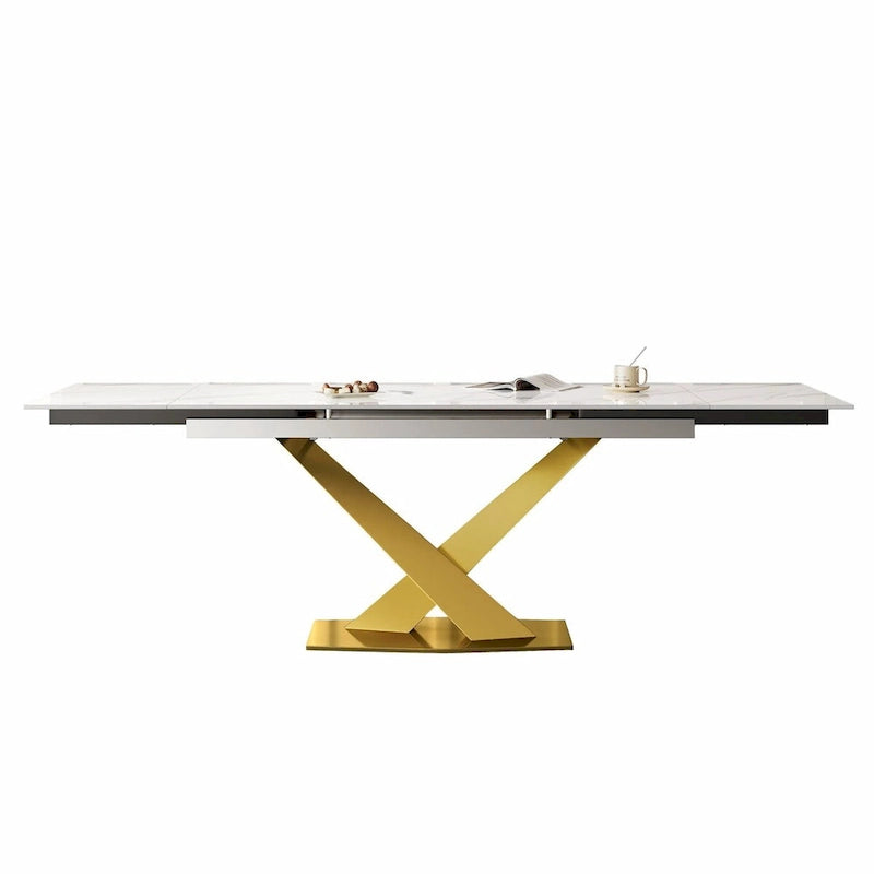 9 - Piece 94.48 Modern Minimalist Extendable Sintered Stone Top Dining Set with 8 Fabric Chair
