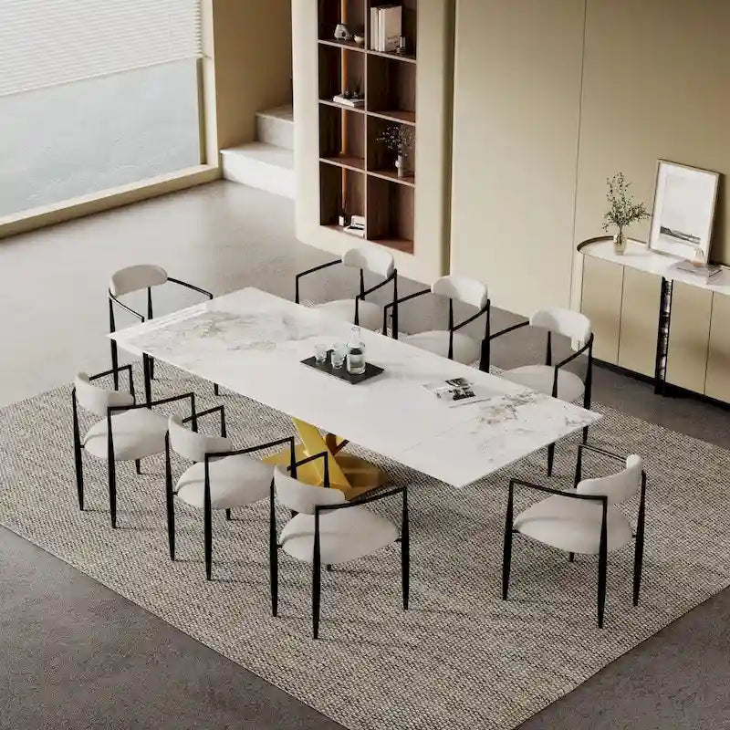 9 - Piece 94.48 Modern Minimalist Extendable Sintered Stone Top Dining Set with 8 Fabric Chair
