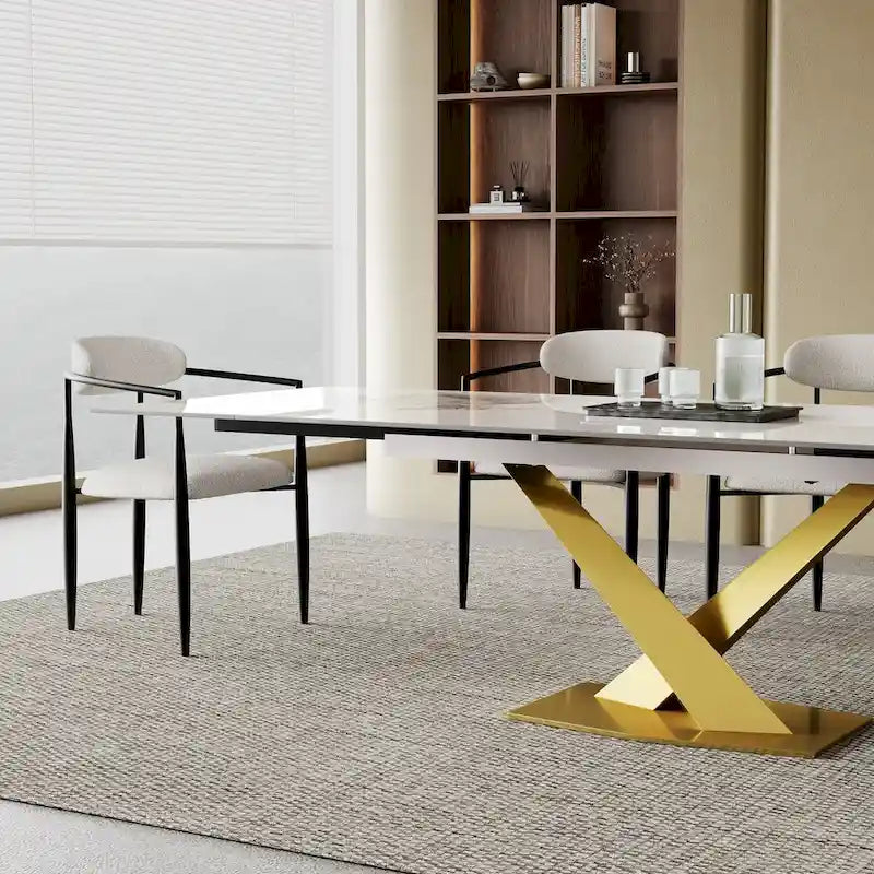 9 - Piece 94.48 Modern Minimalist Extendable Sintered Stone Top Dining Set with 8 Fabric Chair