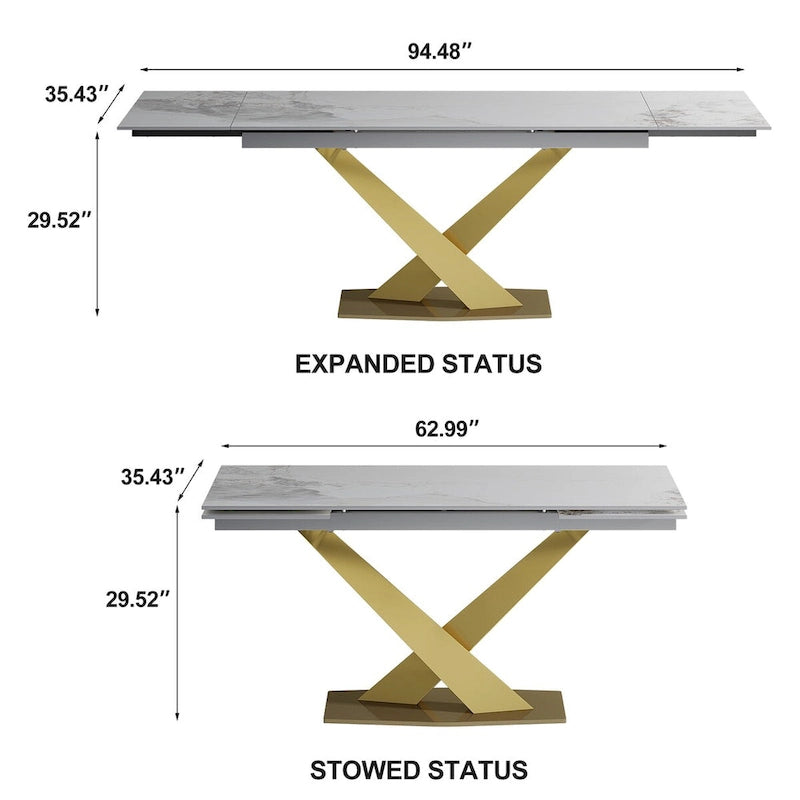 9 - Piece 94.48 Modern Minimalist Extendable Sintered Stone Top Dining Set with 8 Fabric Chair