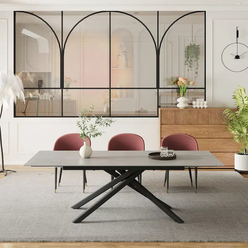9 - Piece Extendable Rectangular Sintered Stone Cross Legs Dining Set With 8 Chairs For Home or Villa