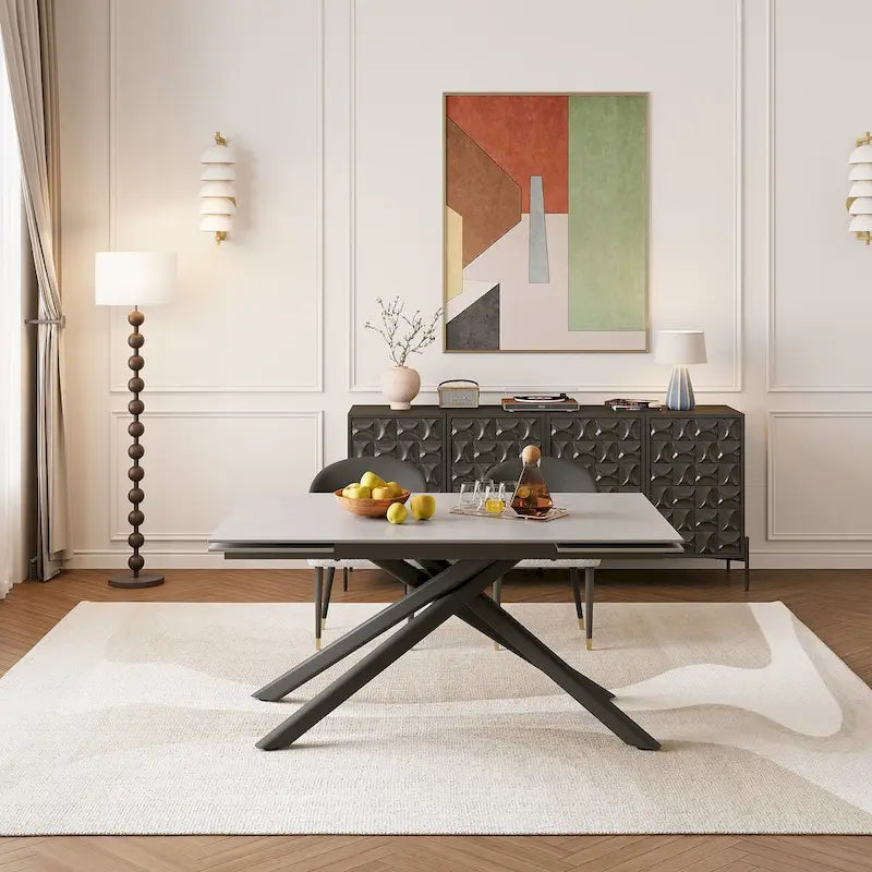 9 - Piece Extendable Rectangular Sintered Stone Cross Legs Dining Set With 8 Chairs For Home or Villa