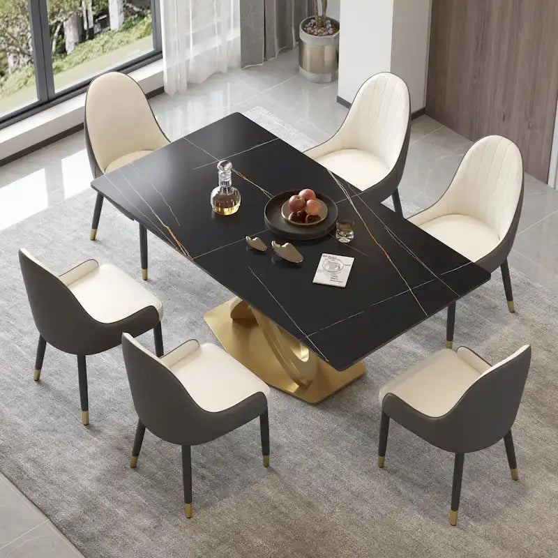 70 White Sintered Stone Dining Table with Stainless Steel Gold Pedestal