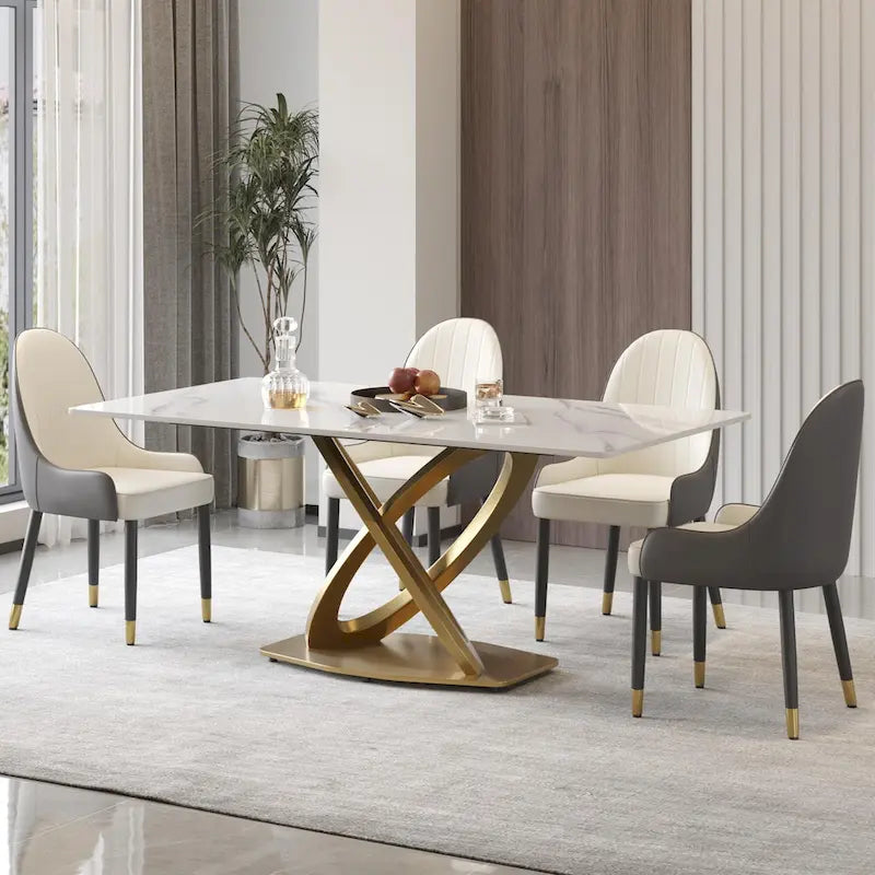 70 White Sintered Stone Dining Table with Stainless Steel Gold Pedestal