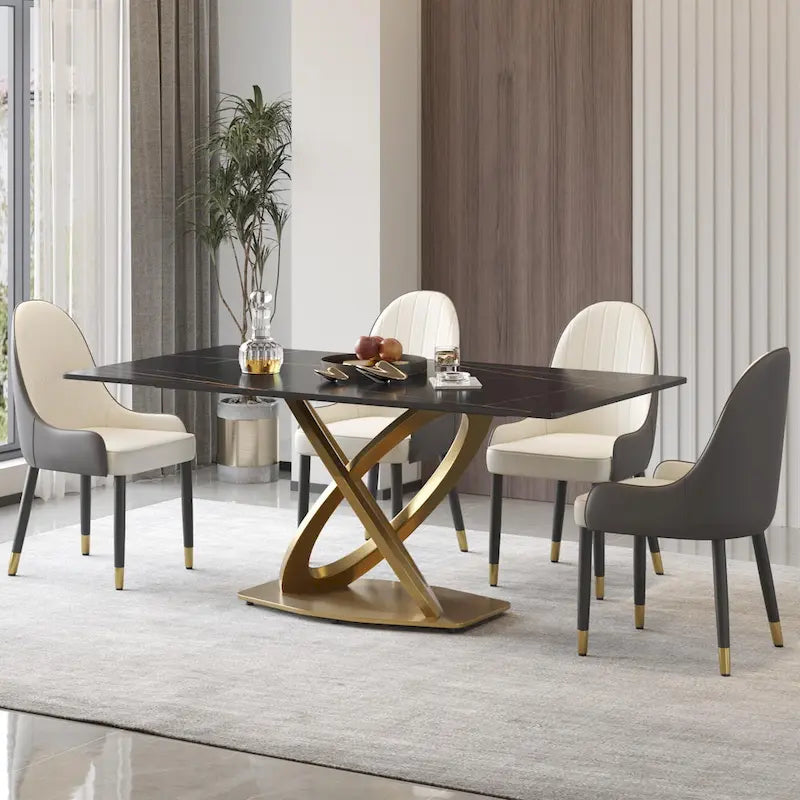 70 White Sintered Stone Dining Table with Stainless Steel Gold Pedestal